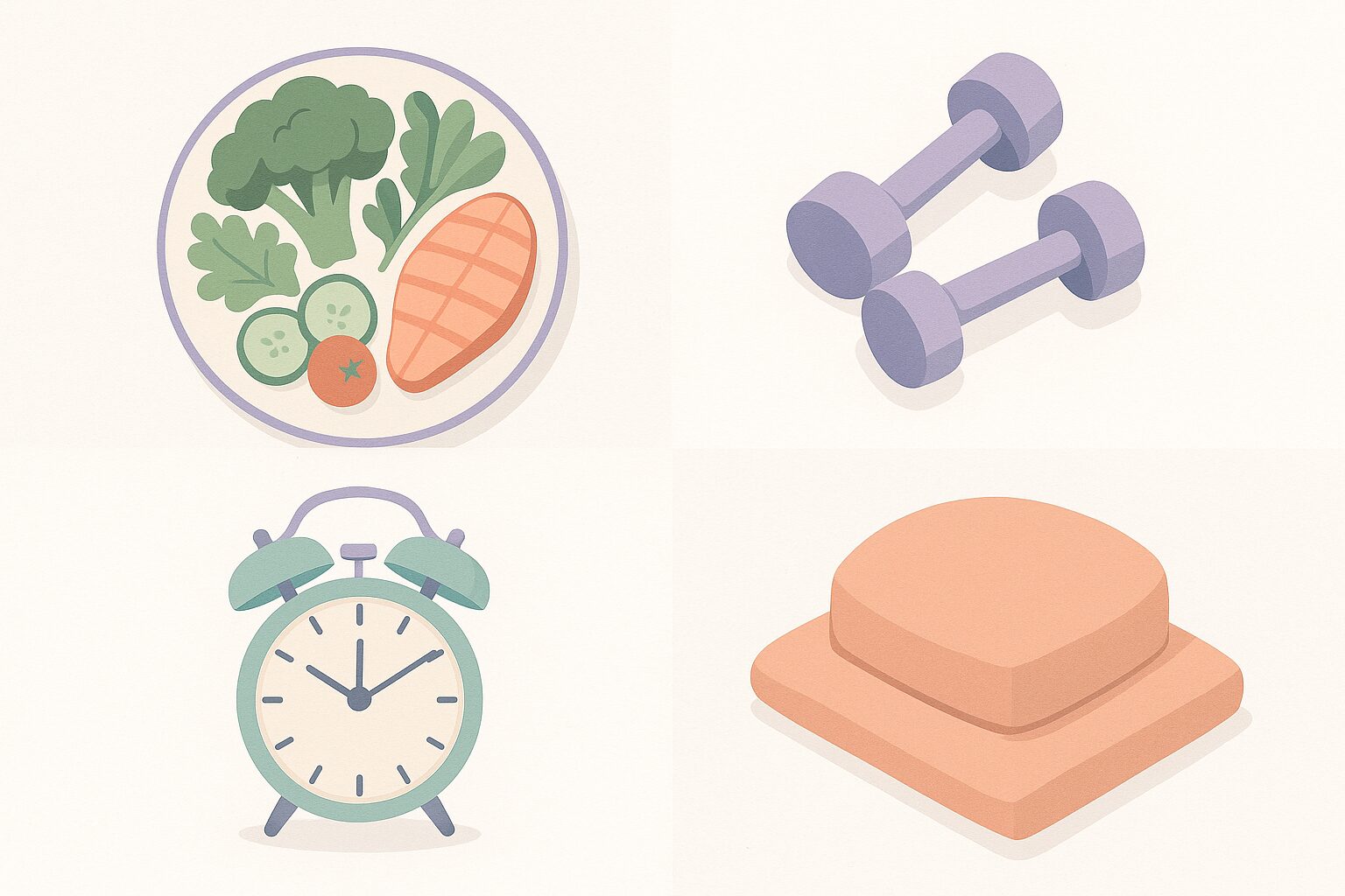 Editorial flatlay showing four pillars of diabetes management: a healthy plate, dumbbells, an alarm clock, and a meditation cushion