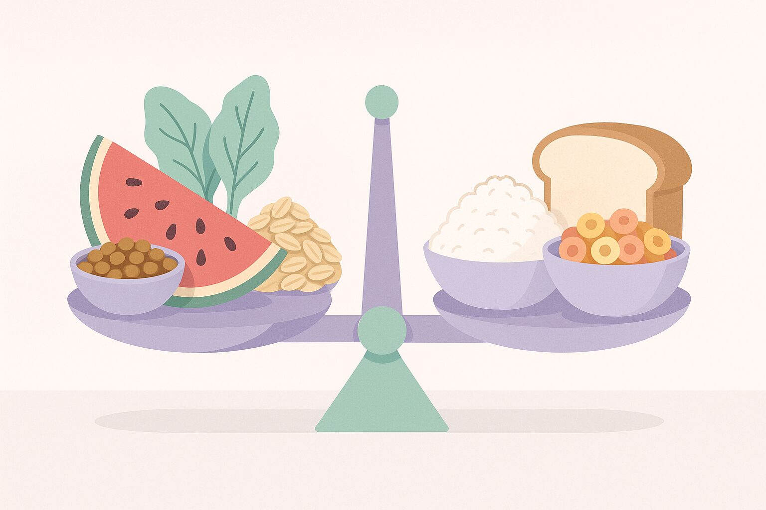 Editorial illustration comparing high and low glycemic foods on a balance scale with portion sizes